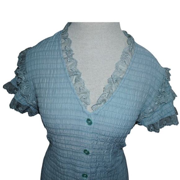 Opening Ceremony Blue Crinkle Lace Midi Ruffle Trim Cottagecore Button Small - Picture 3 of 10
